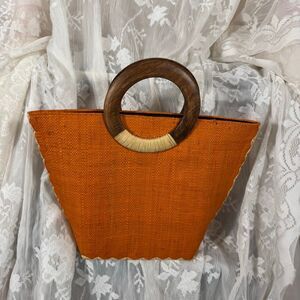 Naturary Handmade Orange Raffia Tote Bag – Wooden Ring Handle | Madagascar